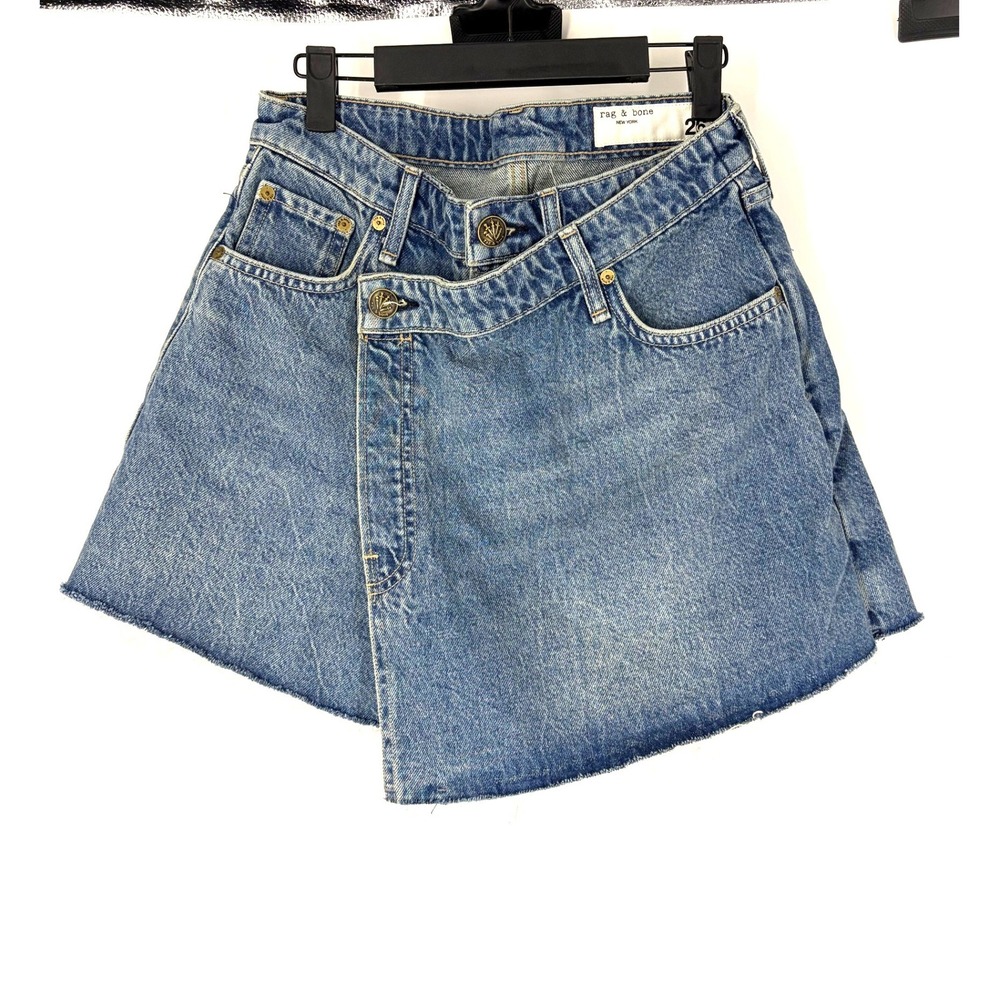 Rag & Bone Asymmetrical Denim Skort Blue Medium Wash Raw Hem Size 26